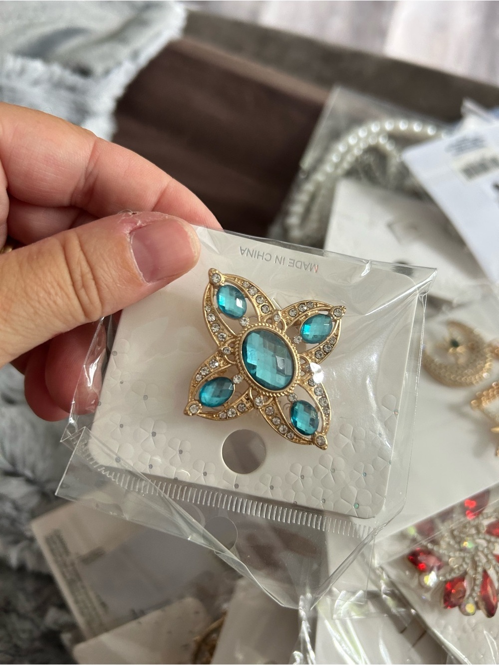 4/$50 Gold-Tone Turquoise Crystal Flower Brooch - Women Jewelry